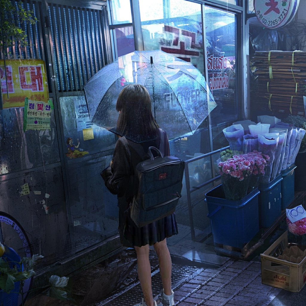 雨天 女孩 商店